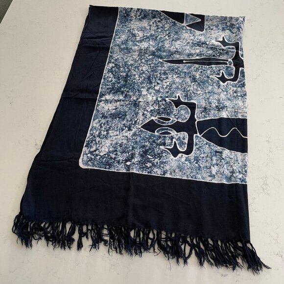 Tropical Fringed Wrap/Cover Up w Lizard Print Solid Border Blue + White No Tags - Picture 3 of 5